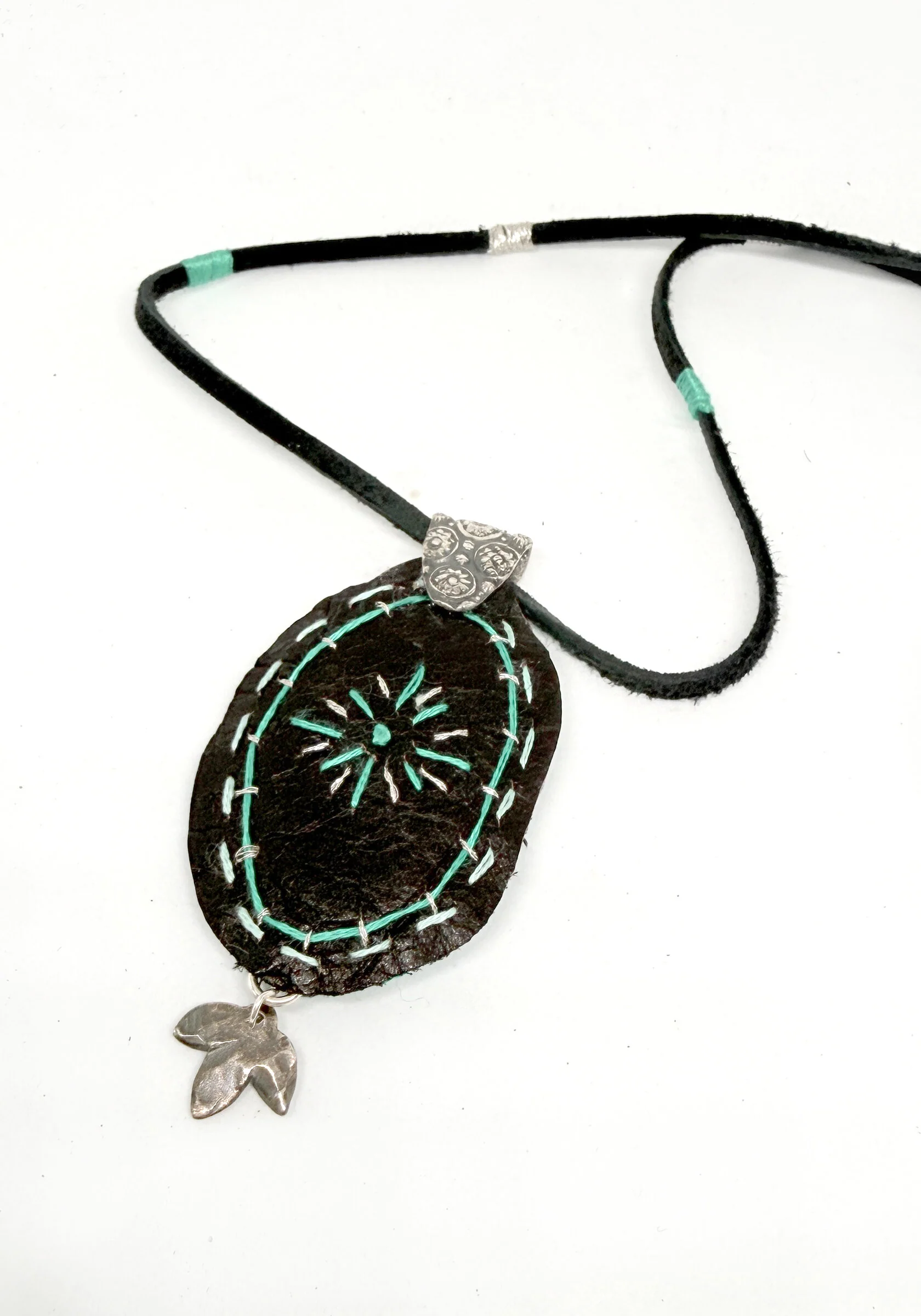 Turquoise & Green Embroidered Pendant - Image 4