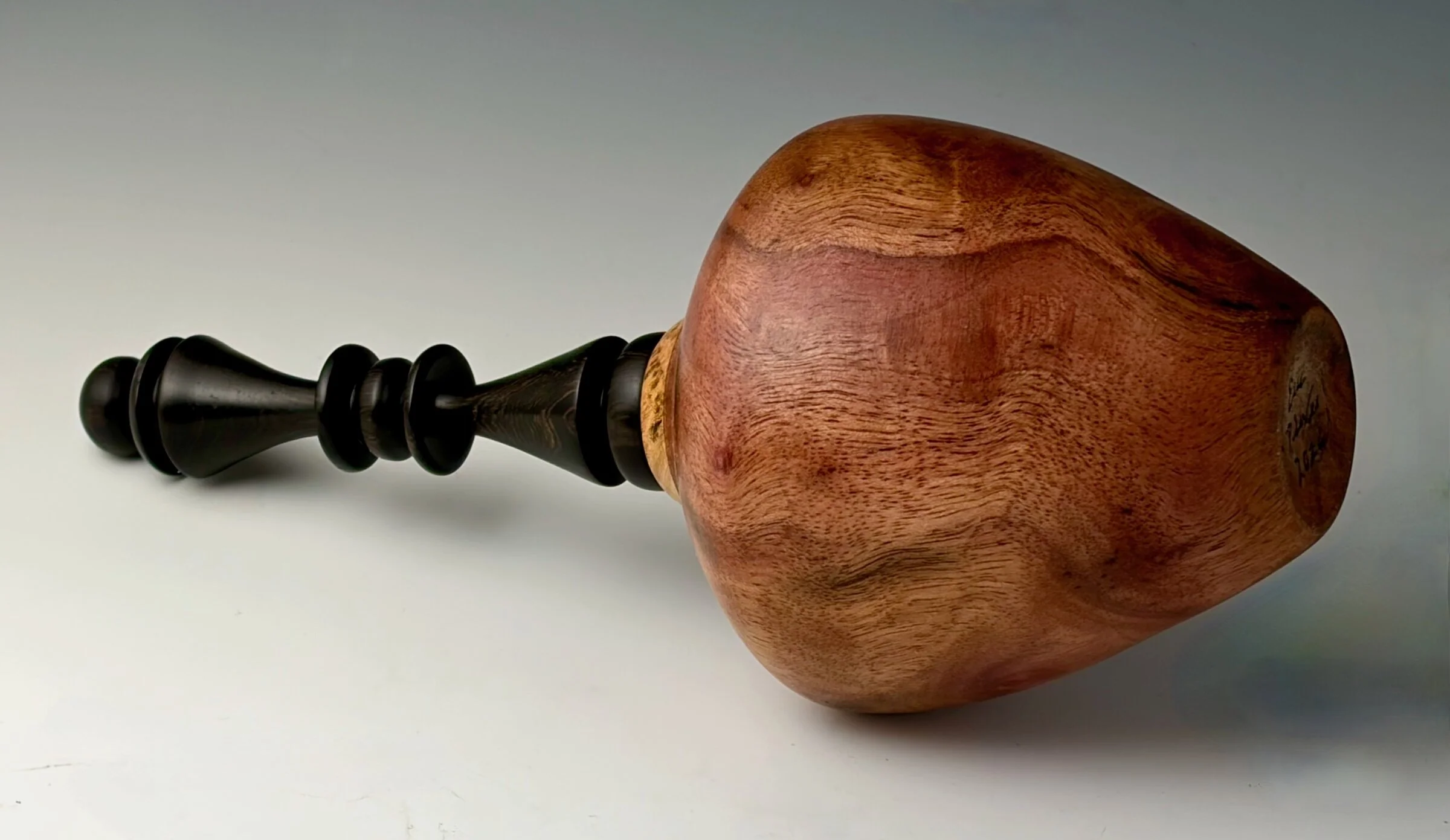 Vessel Turned from Camphor Burl, African Blackwood Finial - Image 2