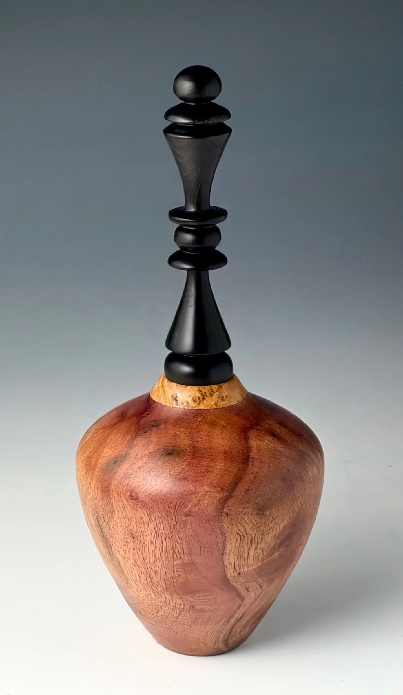 Vessel Turned from Camphor Burl, African Blackwood Finial - Image 3