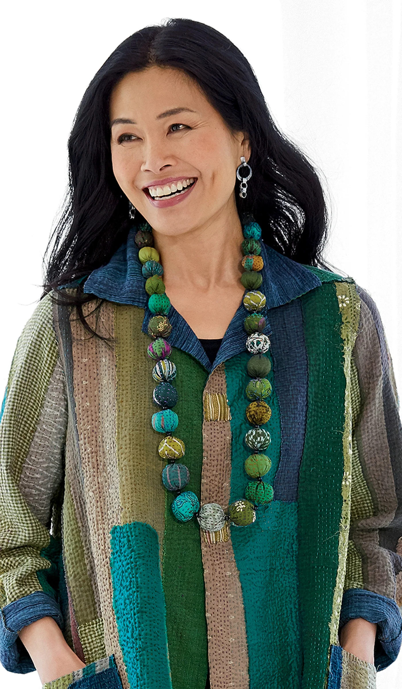 Vintage Silk Kantha Necklace in Green - Image 2