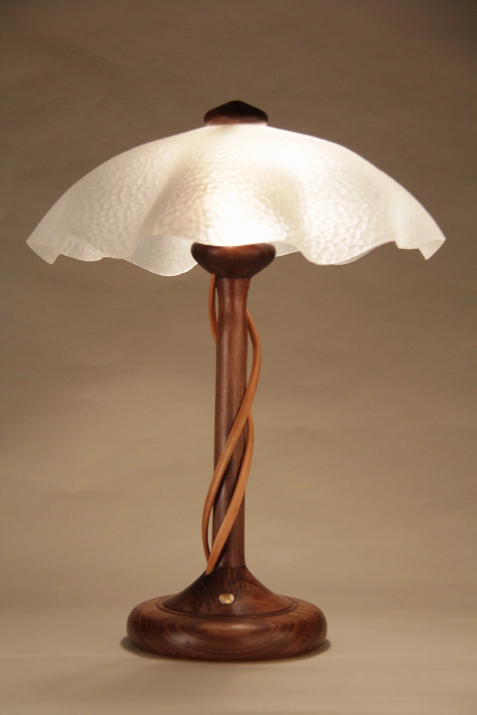Walnut Table Lamp with Cherry Tendrils - Water Glass Shade