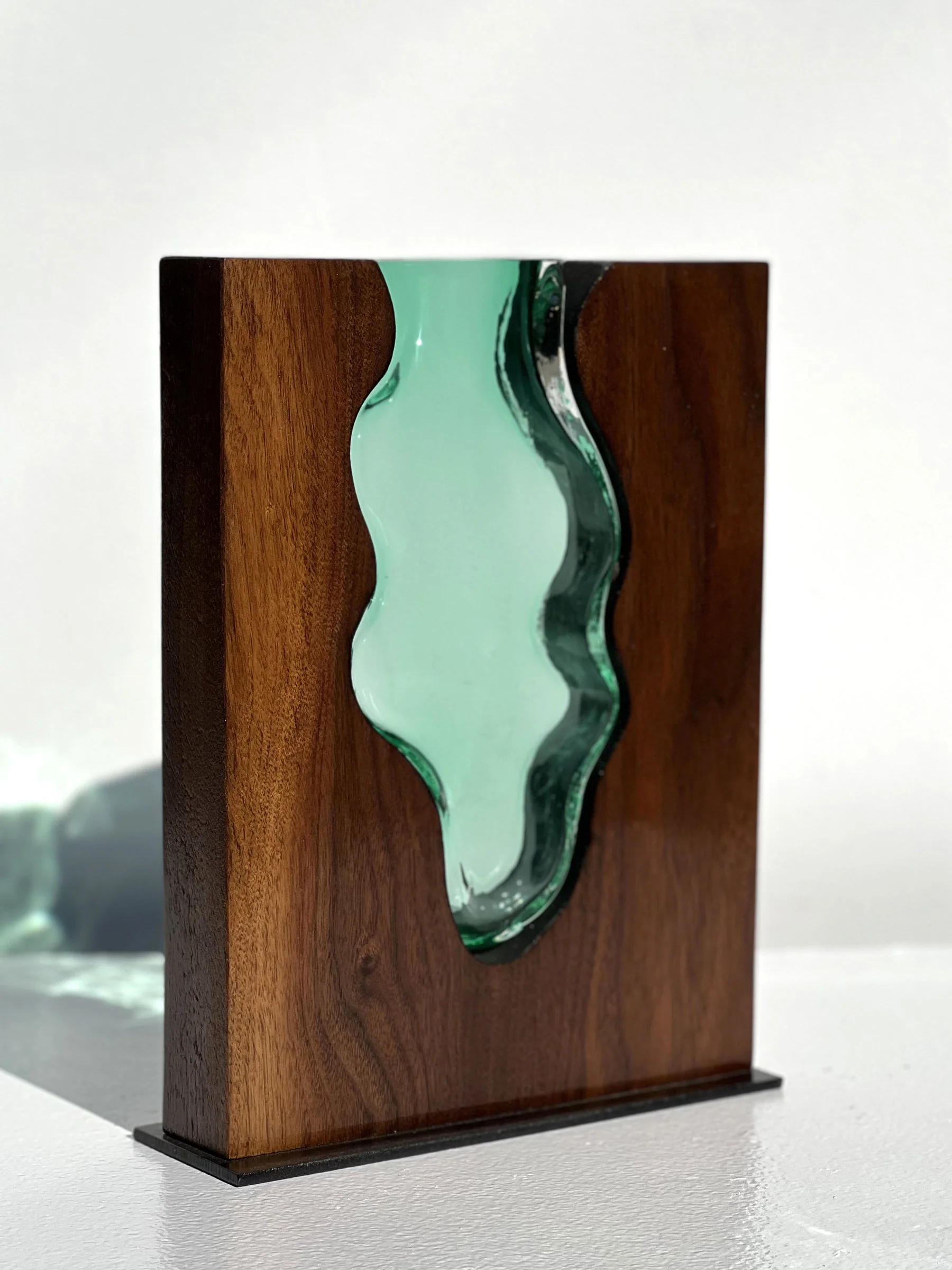 Walnut Wood with Handblown Glass Vase - Emerald
