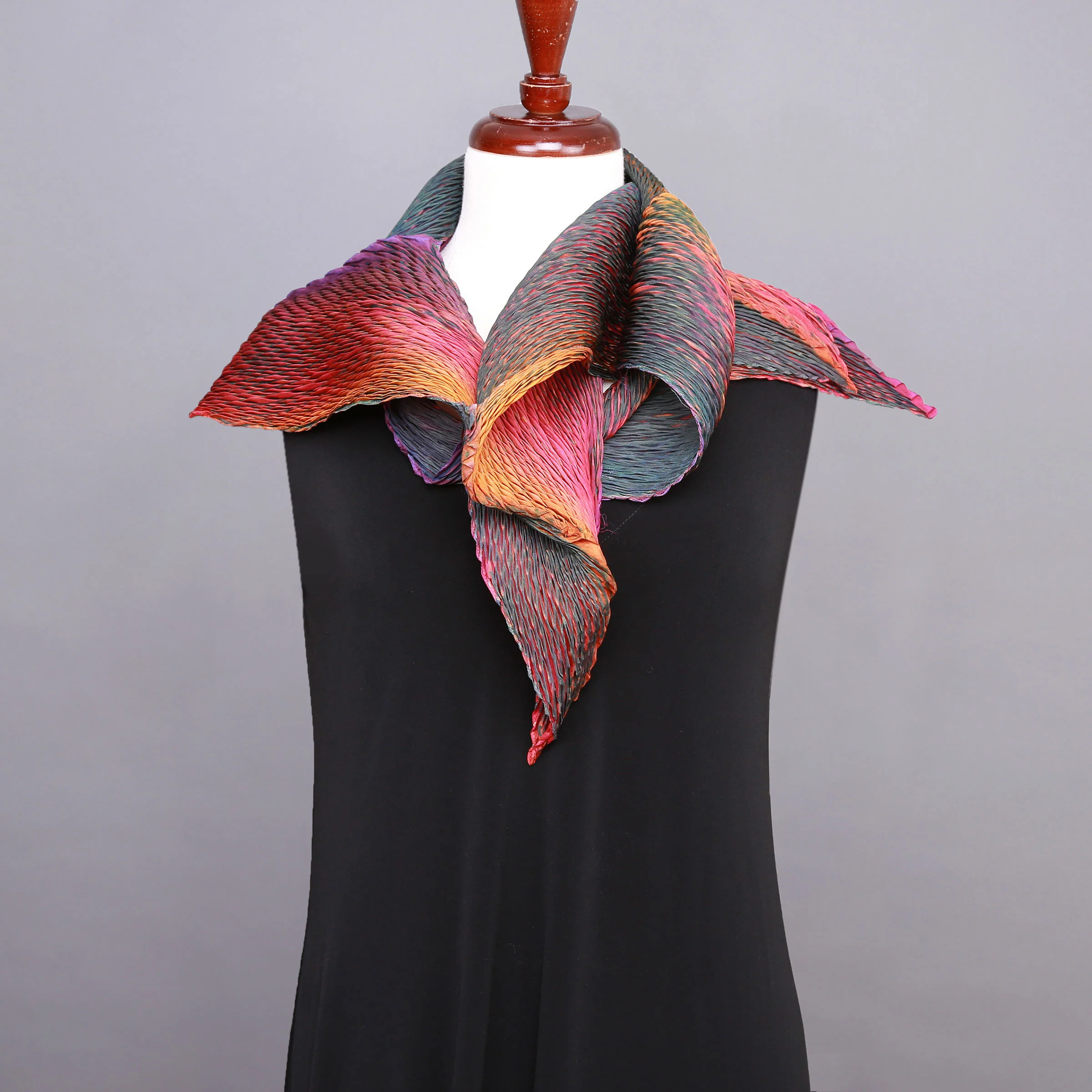 Evergreen, Purple, Red & Orange Zigzag Shibori Scarf - Image 3